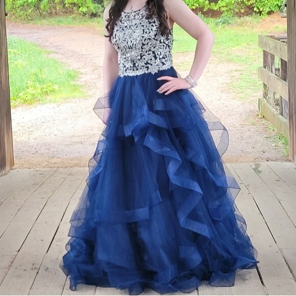 Aria Couture Navy Blue Diamond Studded Prom Dress With Open Back. Size Small - Picture 3 of 14